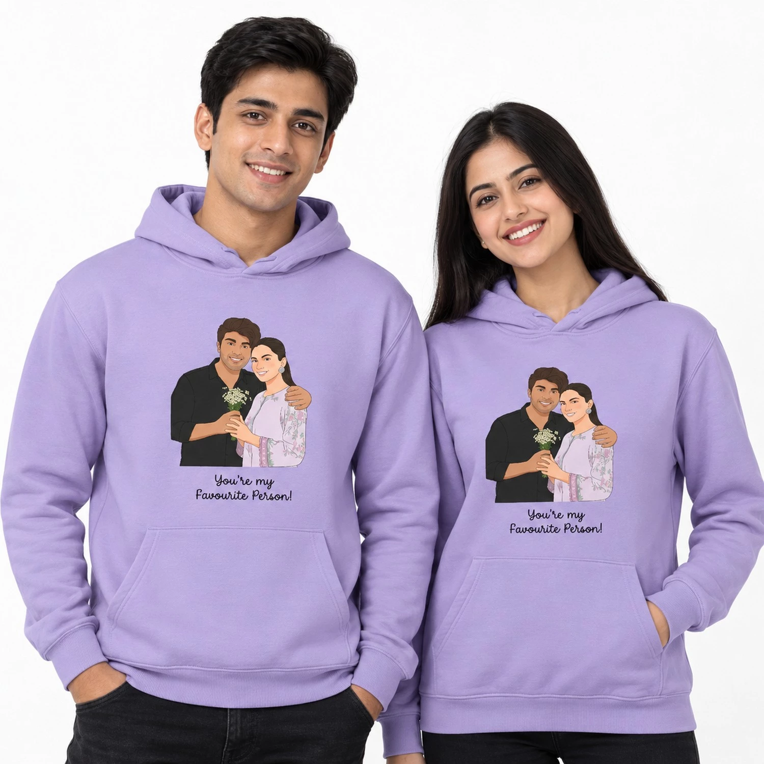 Custom lavender couple hoodies with personalized vector style couple portrait
