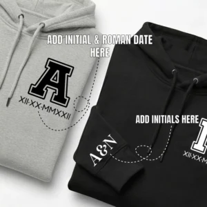 Customizable couple hoodies showing where to add initial, roman date, and sleeve initials