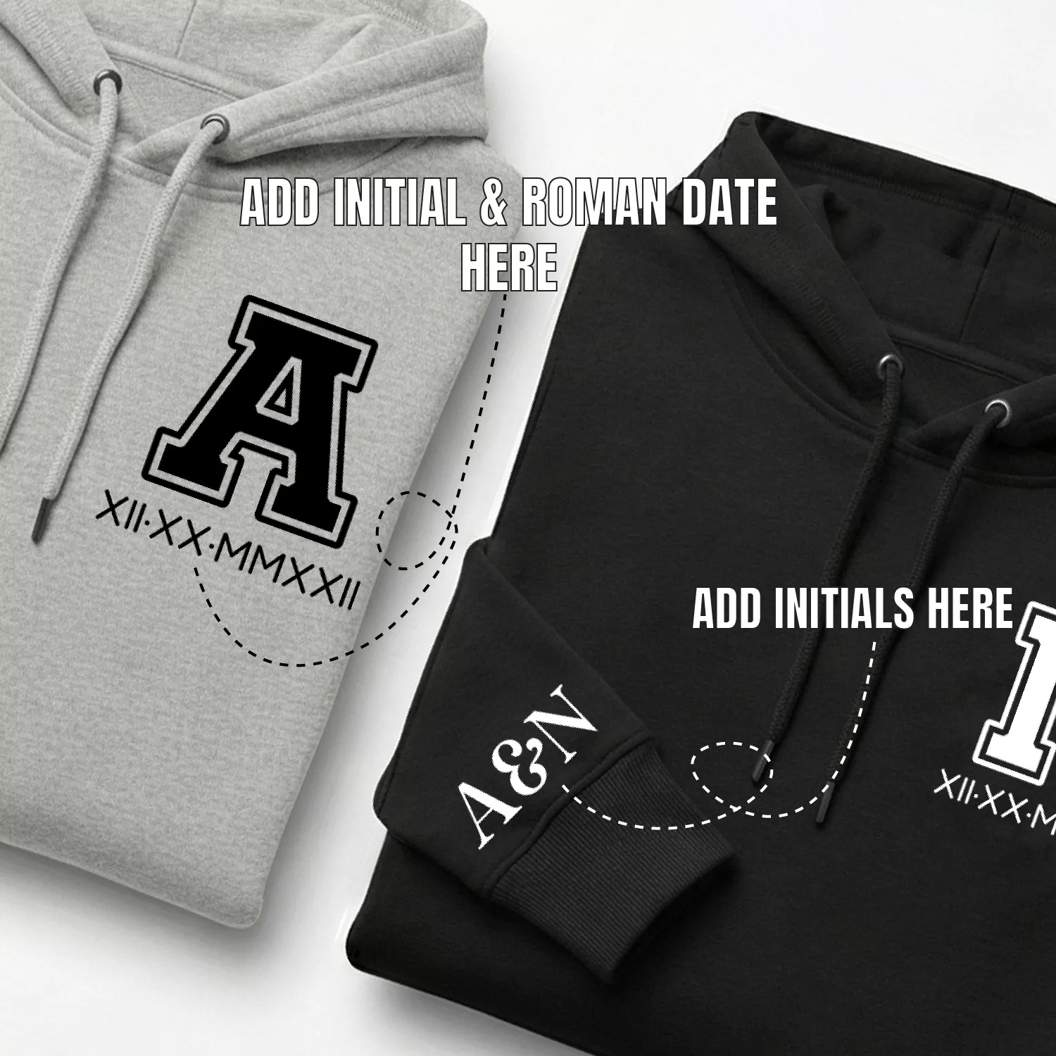 Customizable couple hoodies showing where to add initial, roman date, and sleeve initials