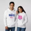 Couple wearing Customized Name Print Couple Hoodies Set – matching his and her white hoodies with personalized names