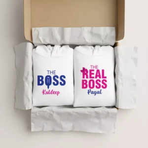 Gift box with customized name print couple hoodies featuring The Boss and The Real Boss designs