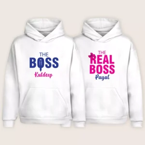 White customized name print couple hoodies set with The Boss and The Real Boss designs for couples