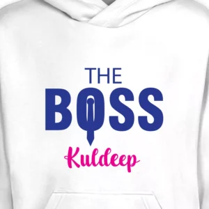 Close-up of customized name print hoodie with The Boss design in blue and personalized name