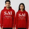 Elegant initials printed couple hoodies in red with custom S & M design and EST.2025 banner