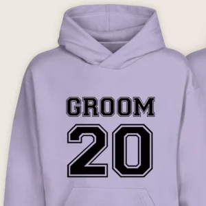 Close-up of lavender Groom hoodie with custom number 20 printed on the front