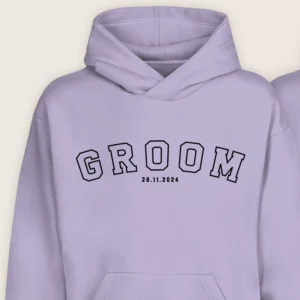 Close-up of lavender Groom hoodie with custom printed wedding date
