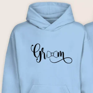 Light blue Groom hoodie with bowtie printed design for wedding couple set