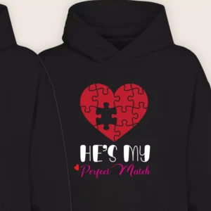 Black couple hoodie with red heart puzzle design and “He’s My Perfect Match” printed text