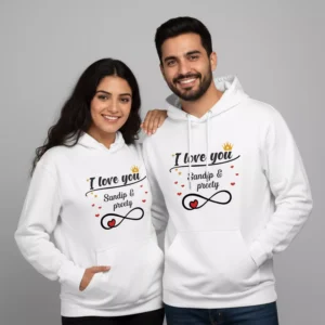 His & Her Name Printed Hoodies featuring a matching personalized couple hoodie set in white