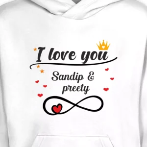 Close-up view of His & Her name printed hoodie with personalized couple design and infinity heart graphic