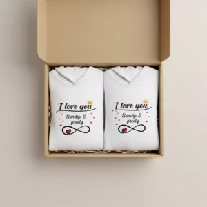 His and Her name printed hoodies packed in a gift box – personalized couple hoodie set in white