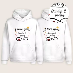 His and Her name printed hoodies featuring a personalized matching couple hoodie set in white with custom names