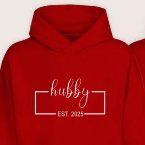 Close-up of red Hubby EST 2025 personalized couple hoodie design