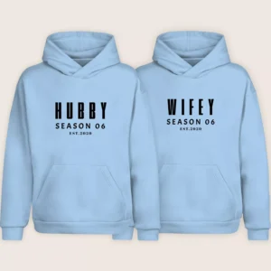 Light blue personalized 6th anniversary matching hoodies with Hubby and Wifey text.