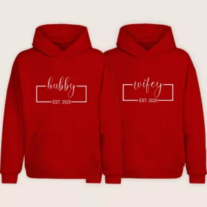 Red Hubby and Wifey EST 2025 matching couple hoodie set displayed on a plain background