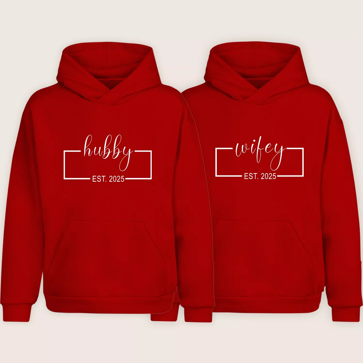 Red Hubby and Wifey EST 2025 matching couple hoodie set displayed on a plain background