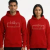 Matching red couple hoodies with Hubby and Wifey EST 2025 print worn by a man and woman