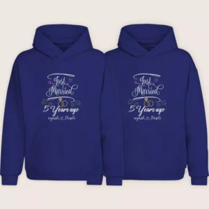 Navy blue personalized 5th anniversary couple hoodies with “Just Married 5 Years Ago” design displayed as a matching pair.
