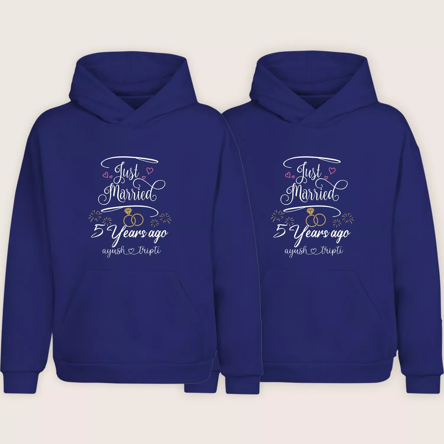 Navy blue personalized 5th anniversary couple hoodies with “Just Married 5 Years Ago” design displayed as a matching pair.