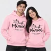 Personalized Just Married couple hoodies in pink with custom names and wedding date