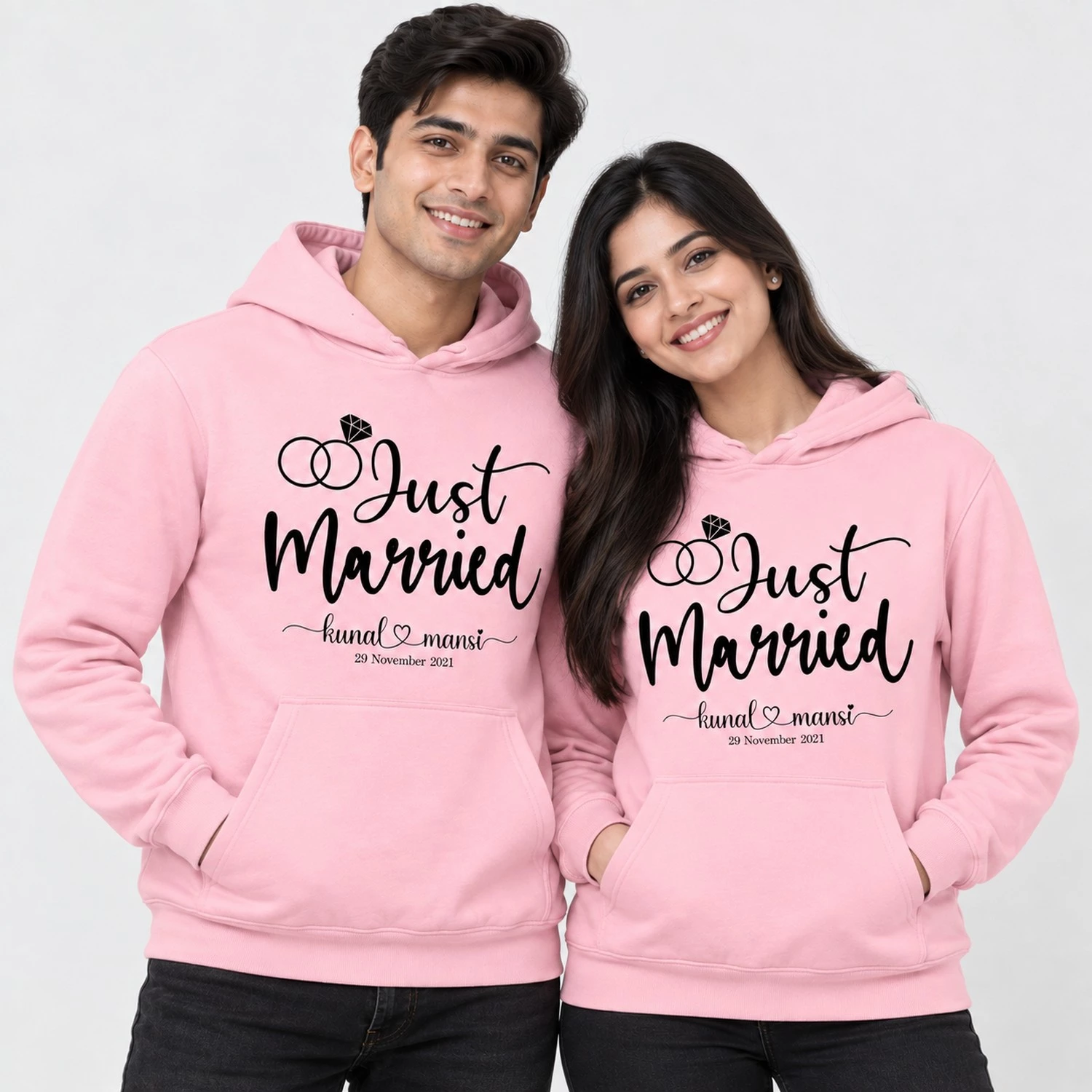 Personalized Just Married couple hoodies in pink with custom names and wedding date