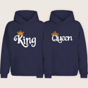 Navy blue King and Queen matching couple hoodie set with crown print shown side by side
