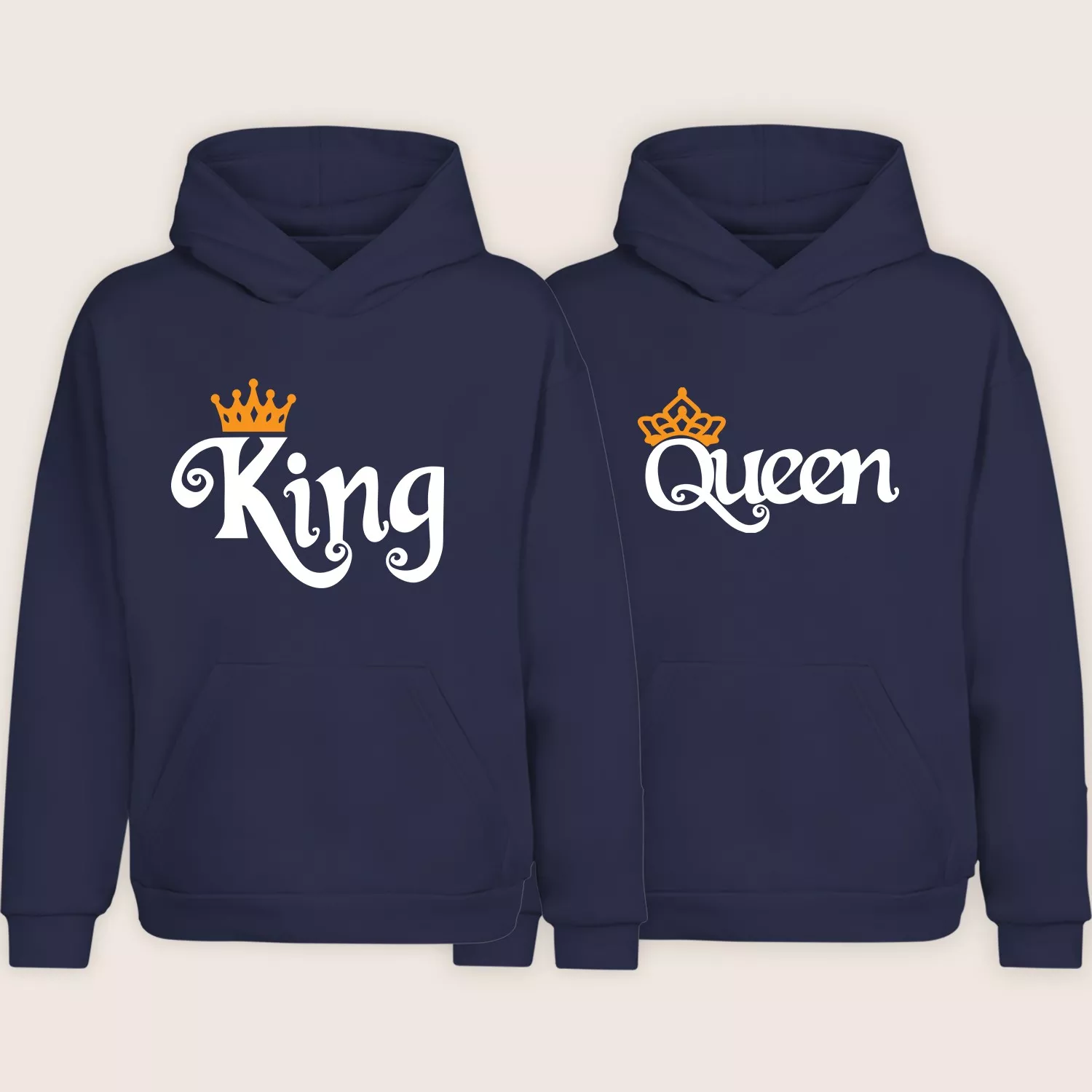 Navy blue King and Queen matching couple hoodie set with crown print shown side by side