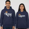 King and Queen matching couple hoodies in navy blue worn by a man and woman