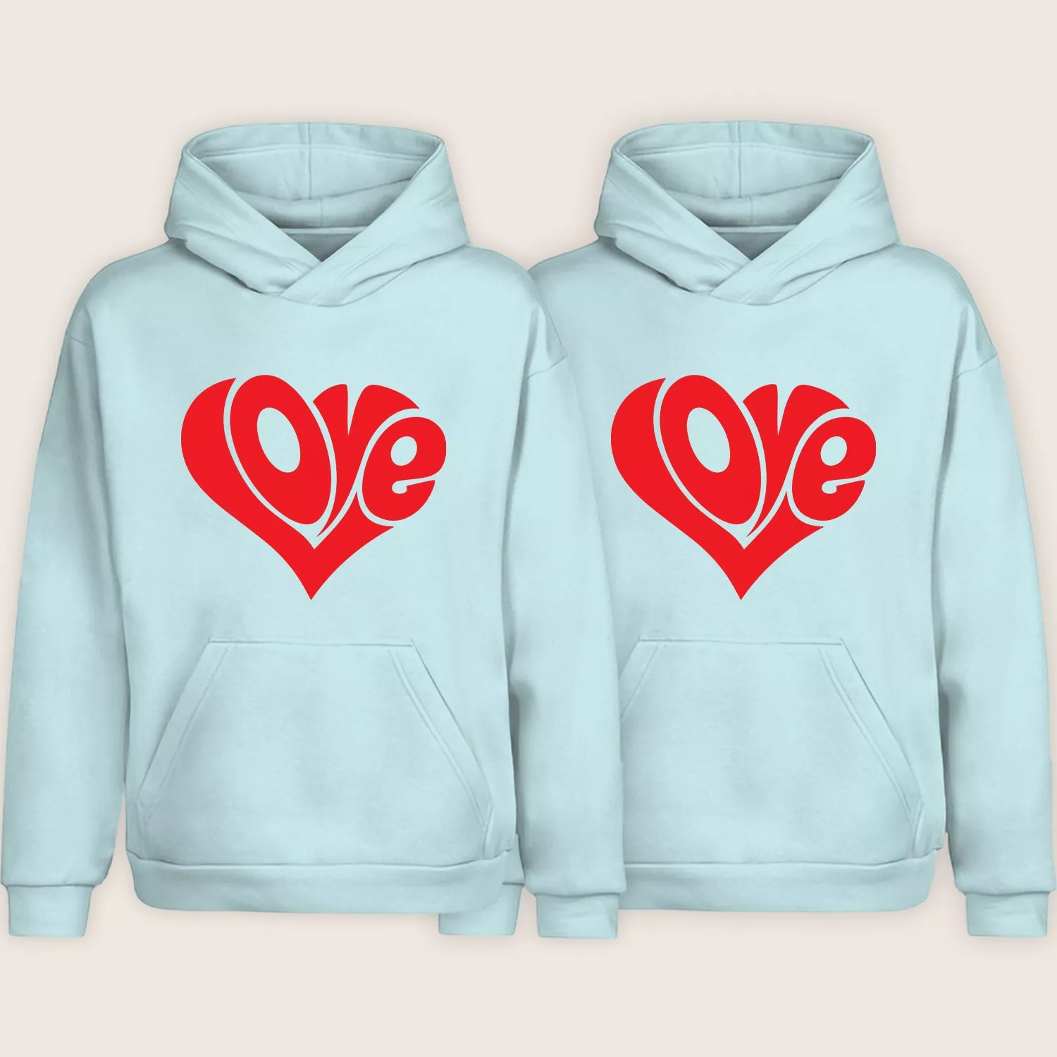 Light blue matching couple hoodies with bold red heart-shaped love print