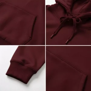 Maroon hoodie close-up collage showing pocket, drawstring, cuffs, and stitching details for personalized couple hoodies