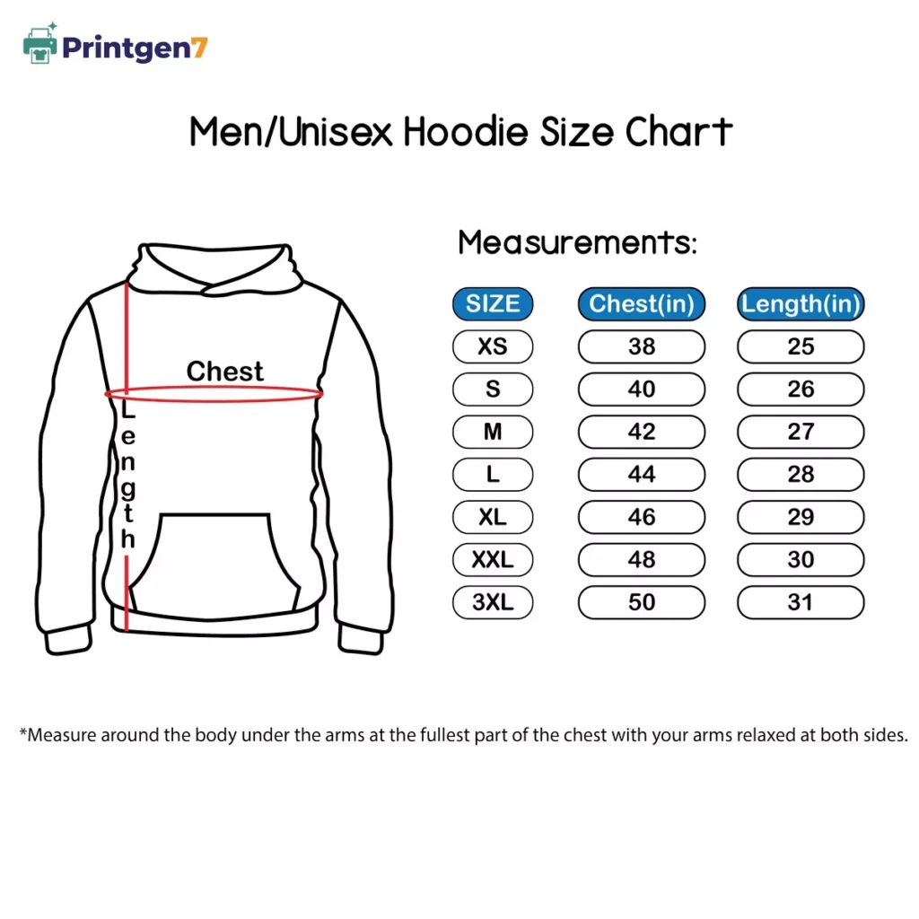 matching-couple-hoodie-set-unisex-size-chart A men's/unisex hoodie size chart showing measurements for chest and length. Sizes range from XS (38-inch chest) to 3XL (50-inch chest), with a diagram illustrating where to measure.