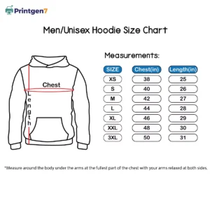 A men's/unisex hoodie size chart showing measurements for chest and length. Sizes range from XS (38-inch chest) to 3XL (50-inch chest), with a diagram illustrating where to measure.