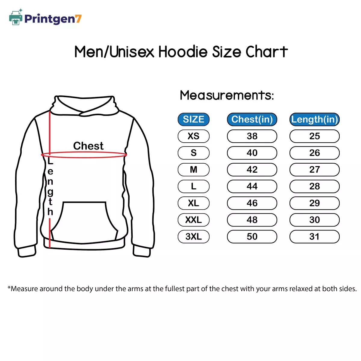 A men's/unisex hoodie size chart showing measurements for chest and length. Sizes range from XS (38-inch chest) to 3XL (50-inch chest), with a diagram illustrating where to measure.