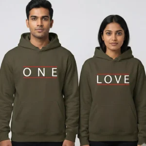Matching couple hoodies set with “One Love” minimal typography design in olive green