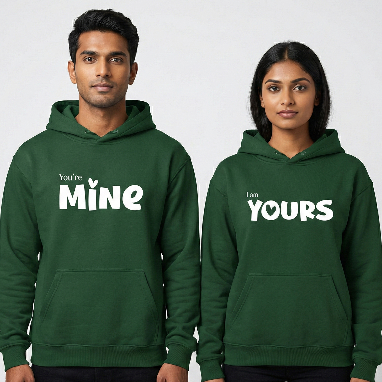 Matching couple hoodies in green with “You’re Mine” and “I Am Yours” printed for couples