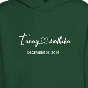 Close-up view of matching couple name hoodie design with personalized names and date printed in white.