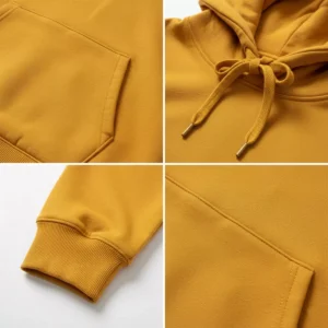 A collage of four close-up images showing the quality details of the yellow hoodie, including the kangaroo pocket stitching, the hood drawstrings, the ribbed sleeve cuff, and the fabric texture.