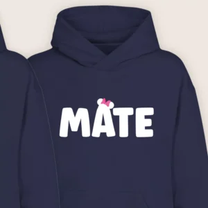Navy blue MATE hoodie with cute Mickey-style bow from matching couple set