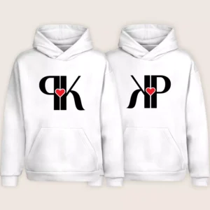 White matching couple hoodies with minimal black initials and red heart design