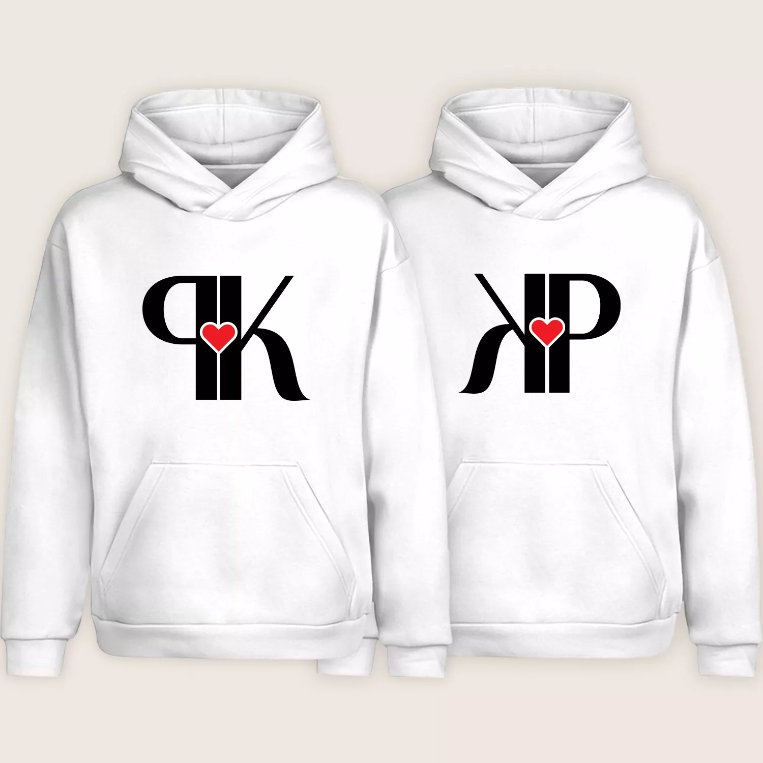 White matching couple hoodies with minimal black initials and red heart design