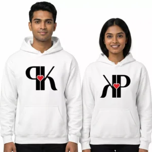 Couple wearing white minimal initials personalized couple hoodies with initials design and heart symbol