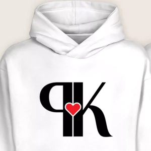 Close-up of personalized white hoodie with black initials and red heart design