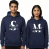 Personalized minimal monogram initial couple hoodies in navy blue with initials S and M featuring Always and Forever design
