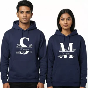 Personalized minimal monogram initial couple hoodies in navy blue with initials S and M featuring Always and Forever design