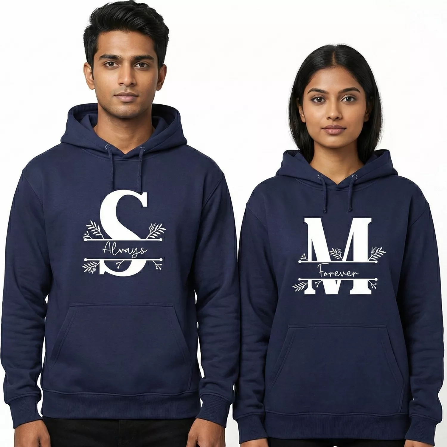 Personalized minimal monogram initial couple hoodies in navy blue with initials S and M featuring Always and Forever design