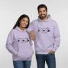 Minimal name printed couple hoodies in lavender – personalized matching hoodies for couples with custom names and year design.