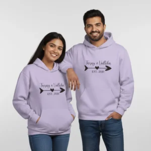 Minimal name printed couple hoodies in lavender – personalized matching hoodies for couples with custom names and year design.