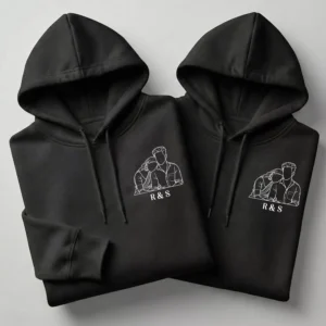 Minimal photo outline embroidery couple hoodies set in black with personalized initials