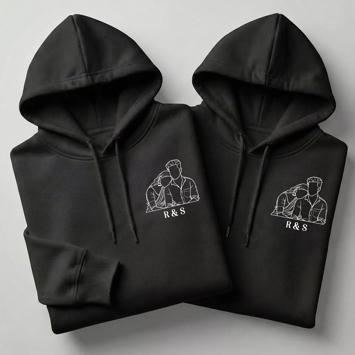 Minimal photo outline embroidery couple hoodies set in black with personalized initials