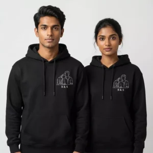 Couple wearing black minimal photo outline embroidery hoodies with personalized initials
